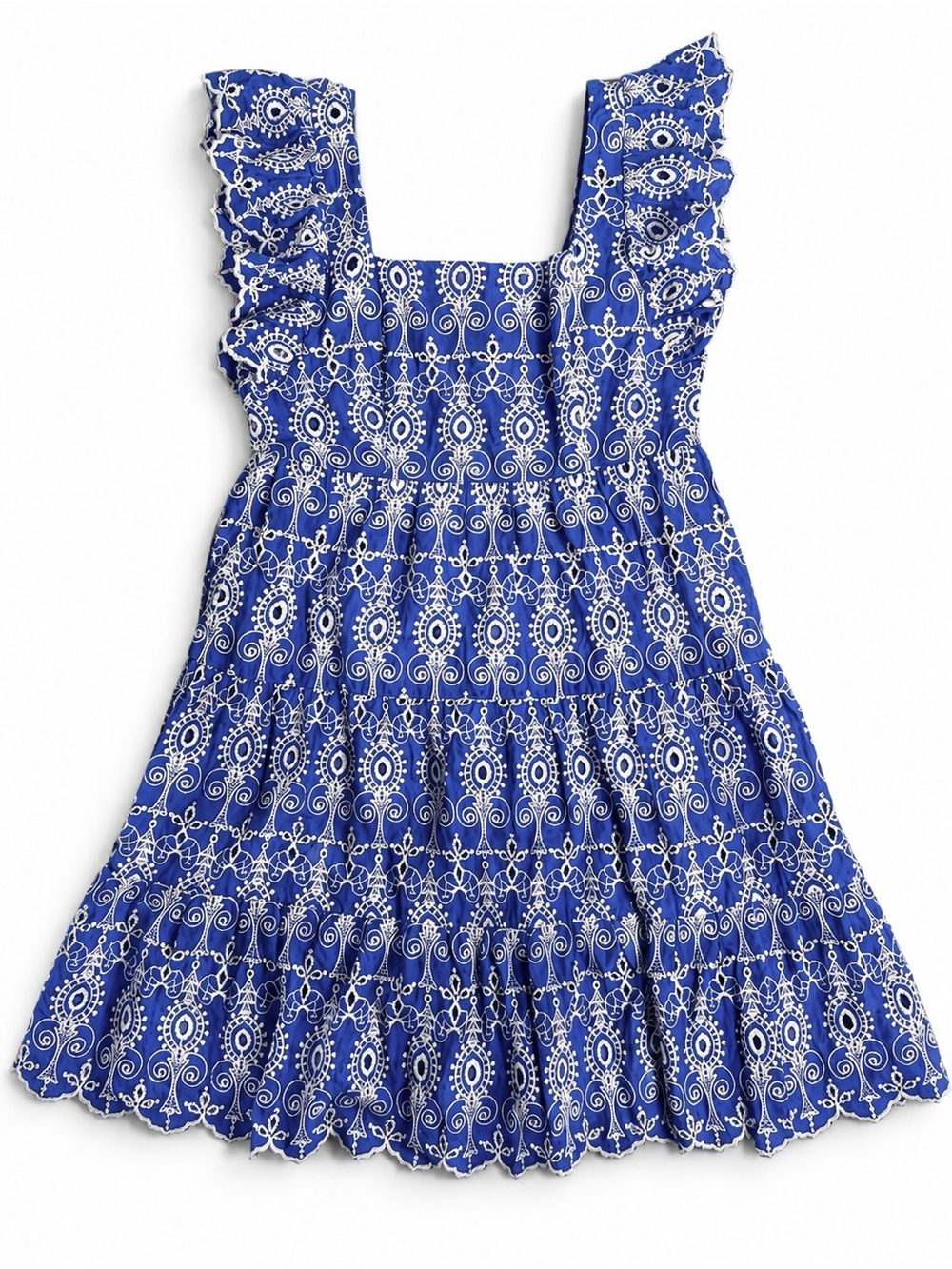 Jade Melody Tam XS Blue Embroidered Smocked Cotton Eyelet Ruffle Mini Dress Boho